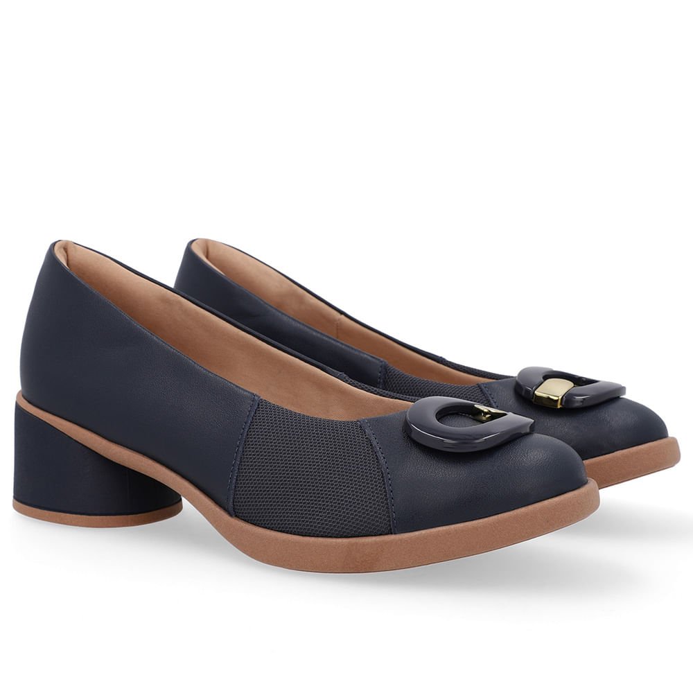 Scarpin Azul Couro Lateral Tecido Enfeite Azul 2
