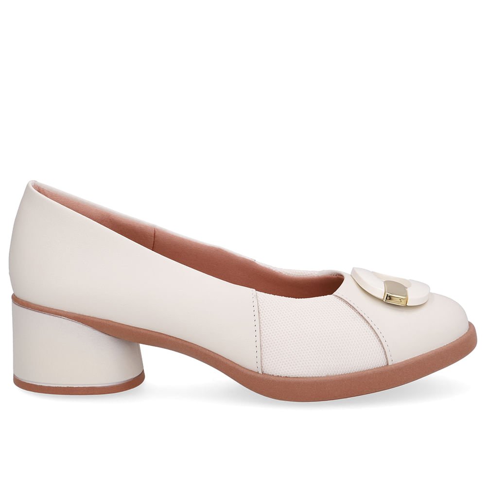 Scarpin Branco Marfim Couro Lateral Tecido Enfeite