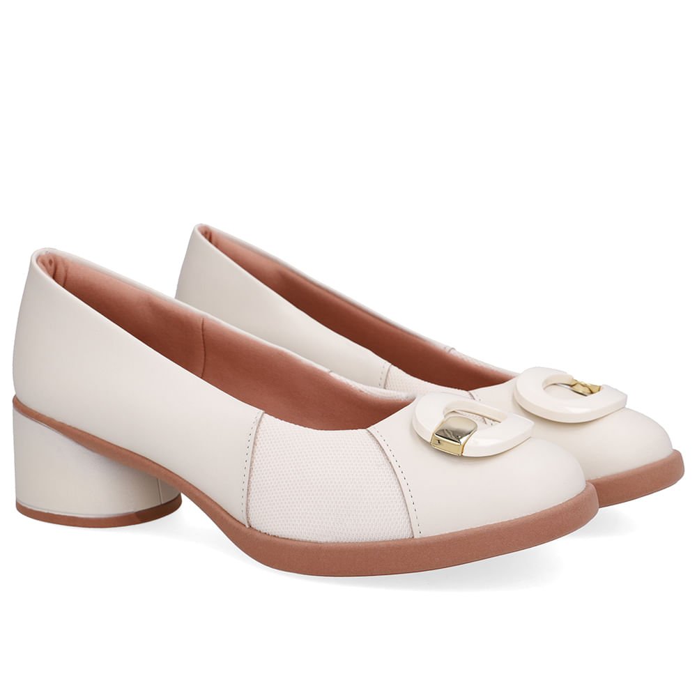 Scarpin Branco Marfim Couro Lateral Tecido Enfeite Marfim 2