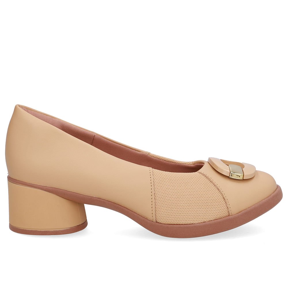 Scarpin Bege Creme Couro Lateral Tecido Enfeite