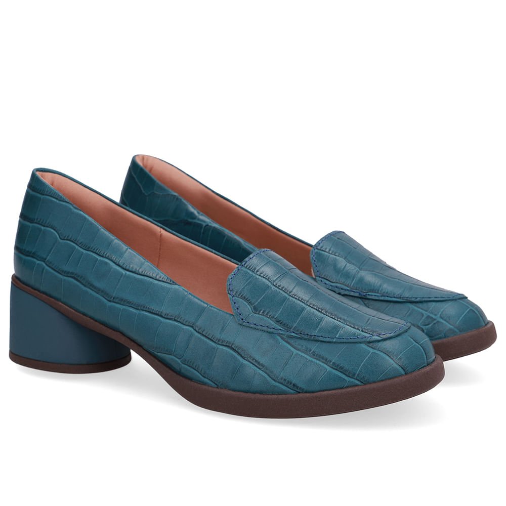Loafer Textura Azul Couro Salto Bloco Azul 2