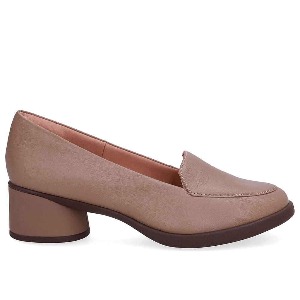 Loafer Liso Marrom Couro Salto Bloco
