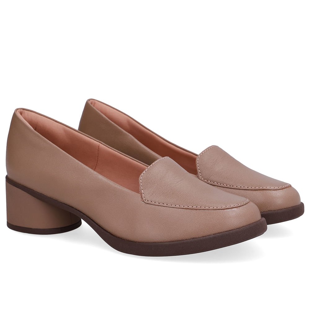 Loafer Liso Marrom Couro Salto Bloco Marrom 2