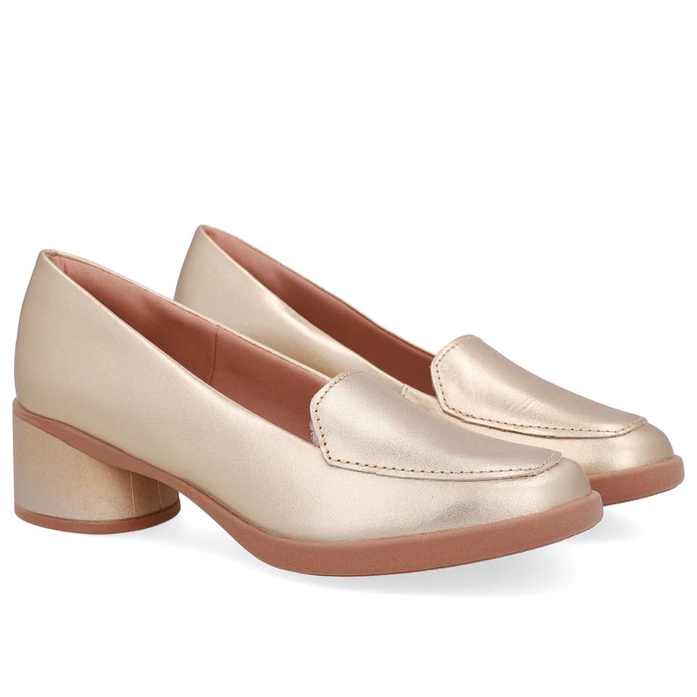 Loafer Liso Dourado Couro Salto Bloco Dourado 2