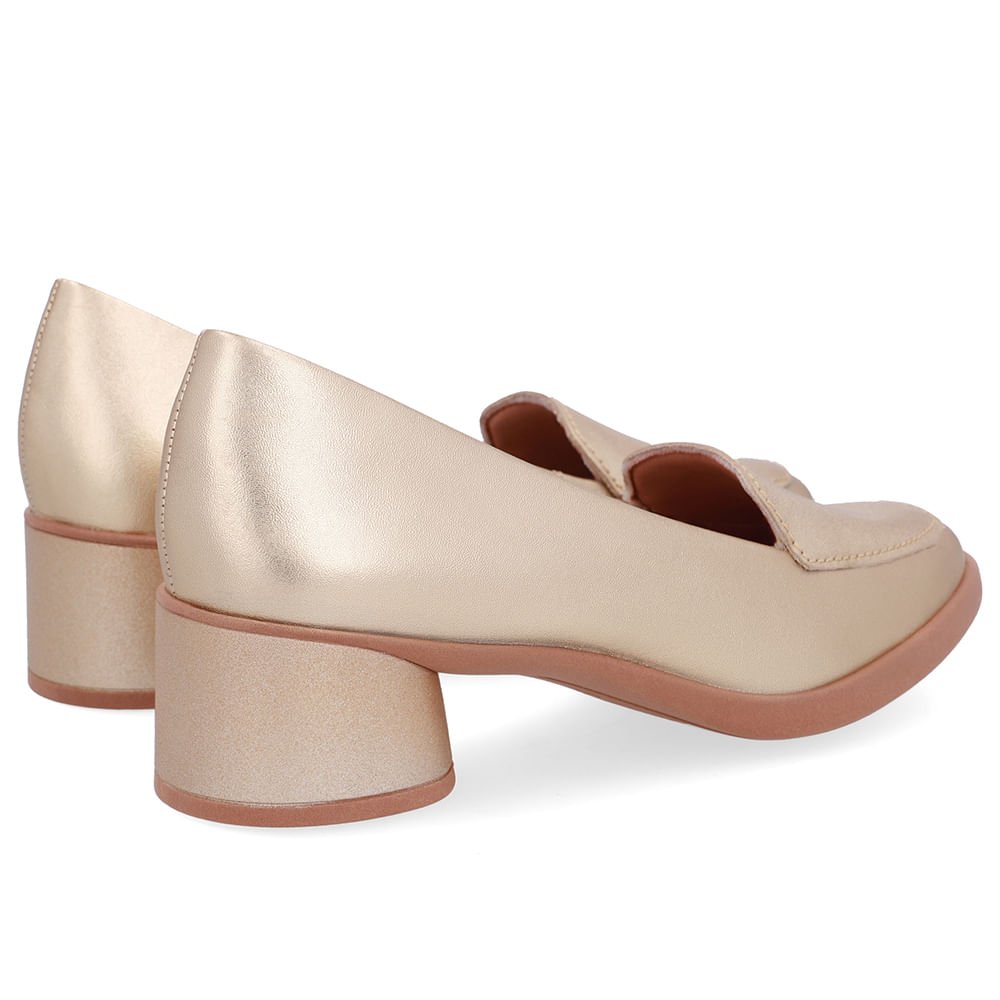 Loafer Liso Dourado Couro Salto Bloco Dourado 3