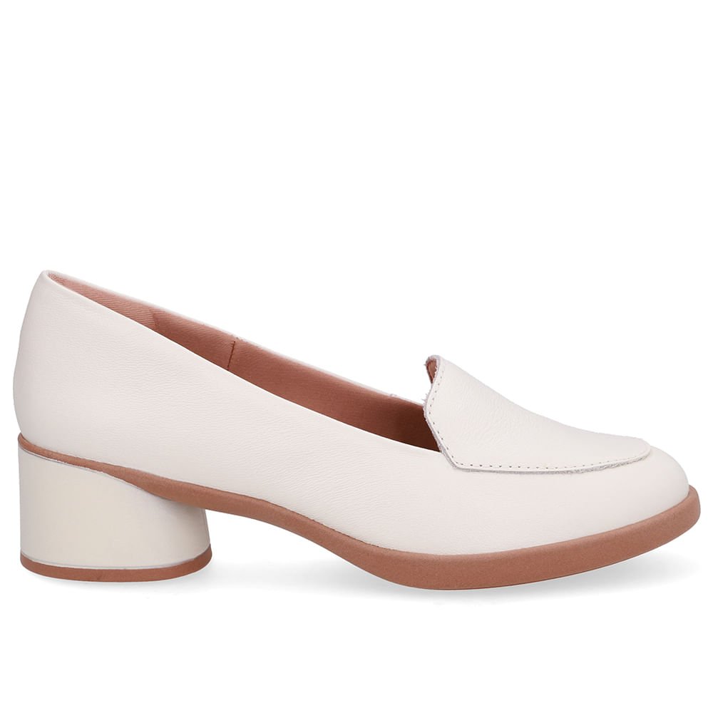 Loafer Liso Branco Marfim Couro Salto Bloco
