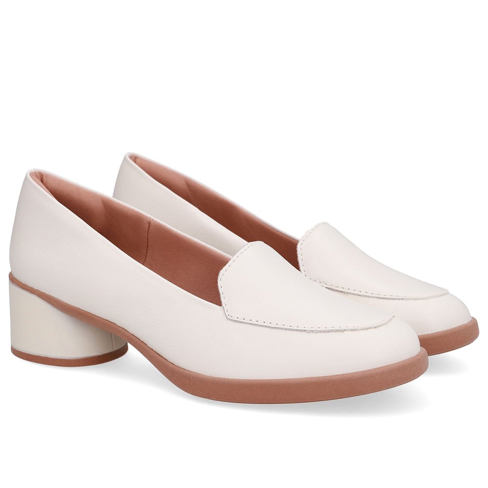 Loafer Liso Branco Marfim Couro Salto Bloco Marfim 2
