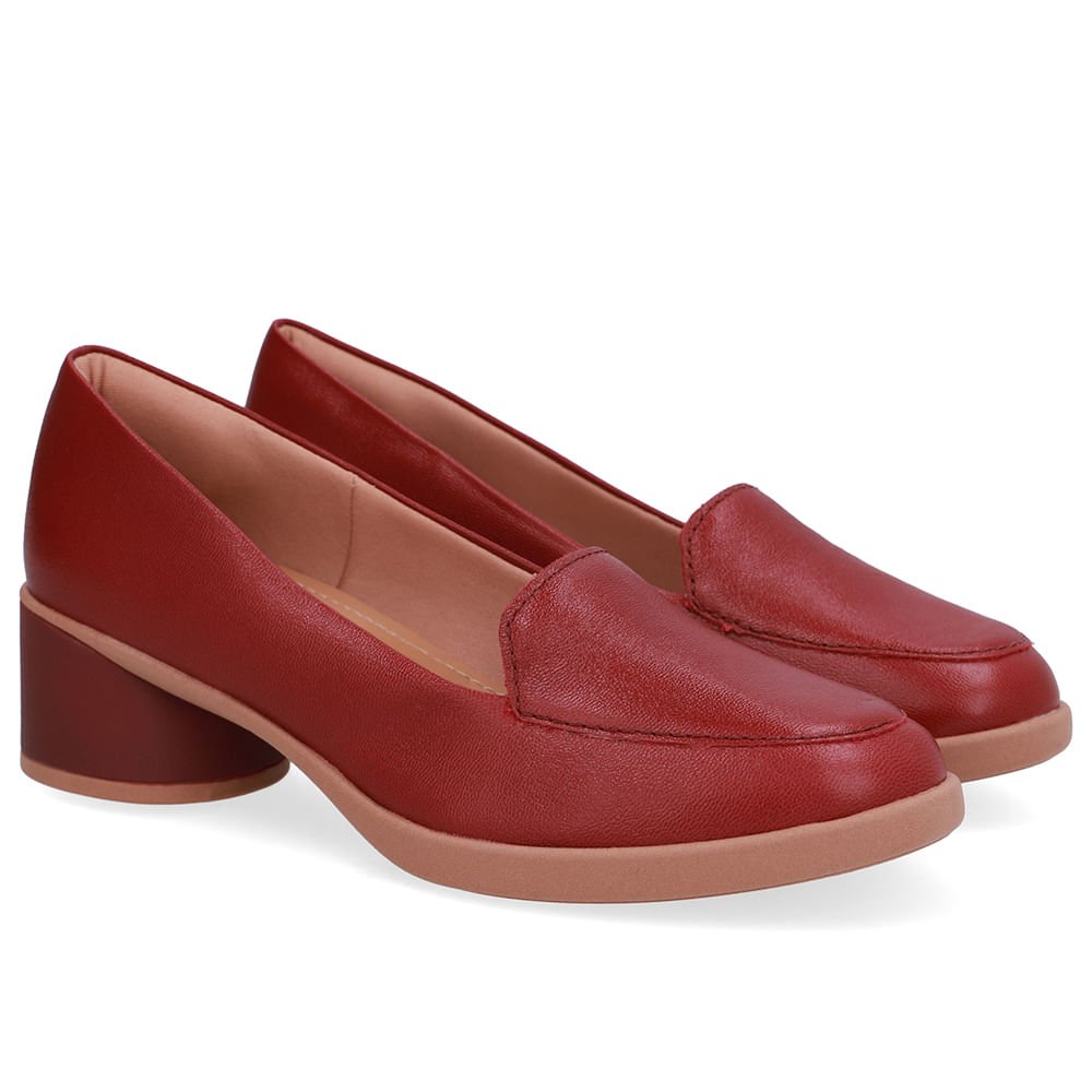 Loafer Liso Vermelho Couro Salto Bloco Vermelho 2