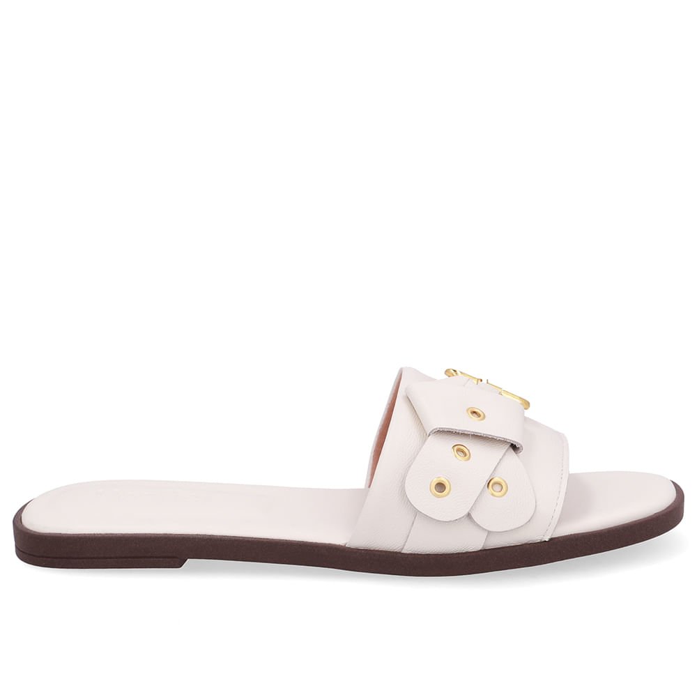 Rasteira Bico Quadrado Couro Branca Marfim Fivela