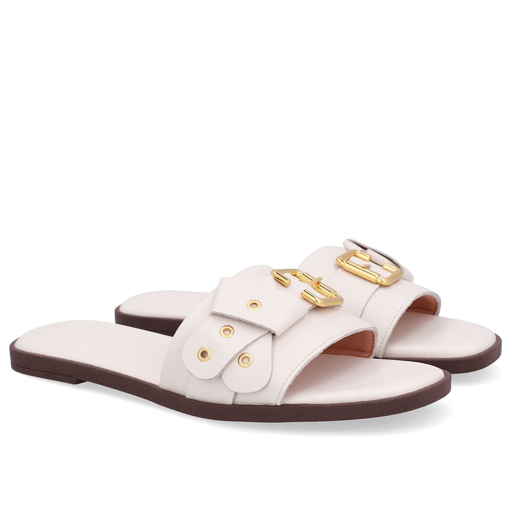 Rasteira Bico Quadrado Couro Branca Marfim Fivela Marfim 2