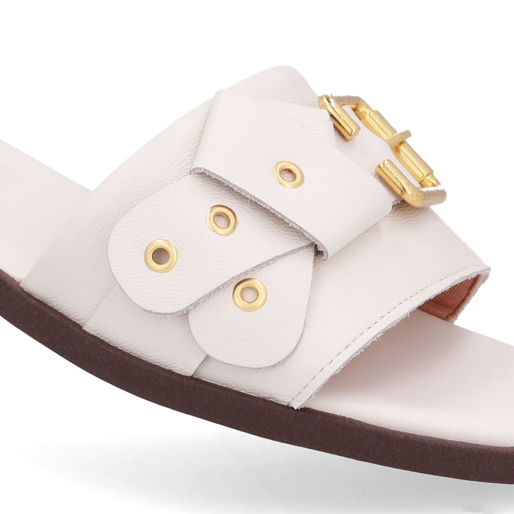 Rasteira Bico Quadrado Couro Branca Marfim Fivela Marfim 4