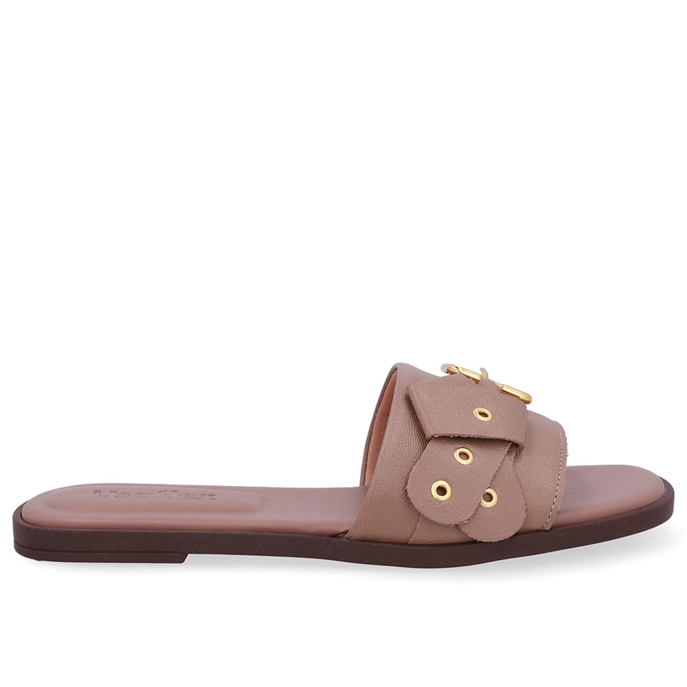 Rasteira Bico Quadrado Couro Marrom Fivela