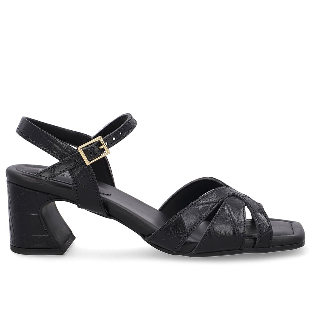 Sandália Couro Croco Preta Bico Quadrado