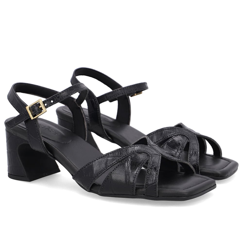 Sandália Couro Croco Preta Bico Quadrado Preto 2