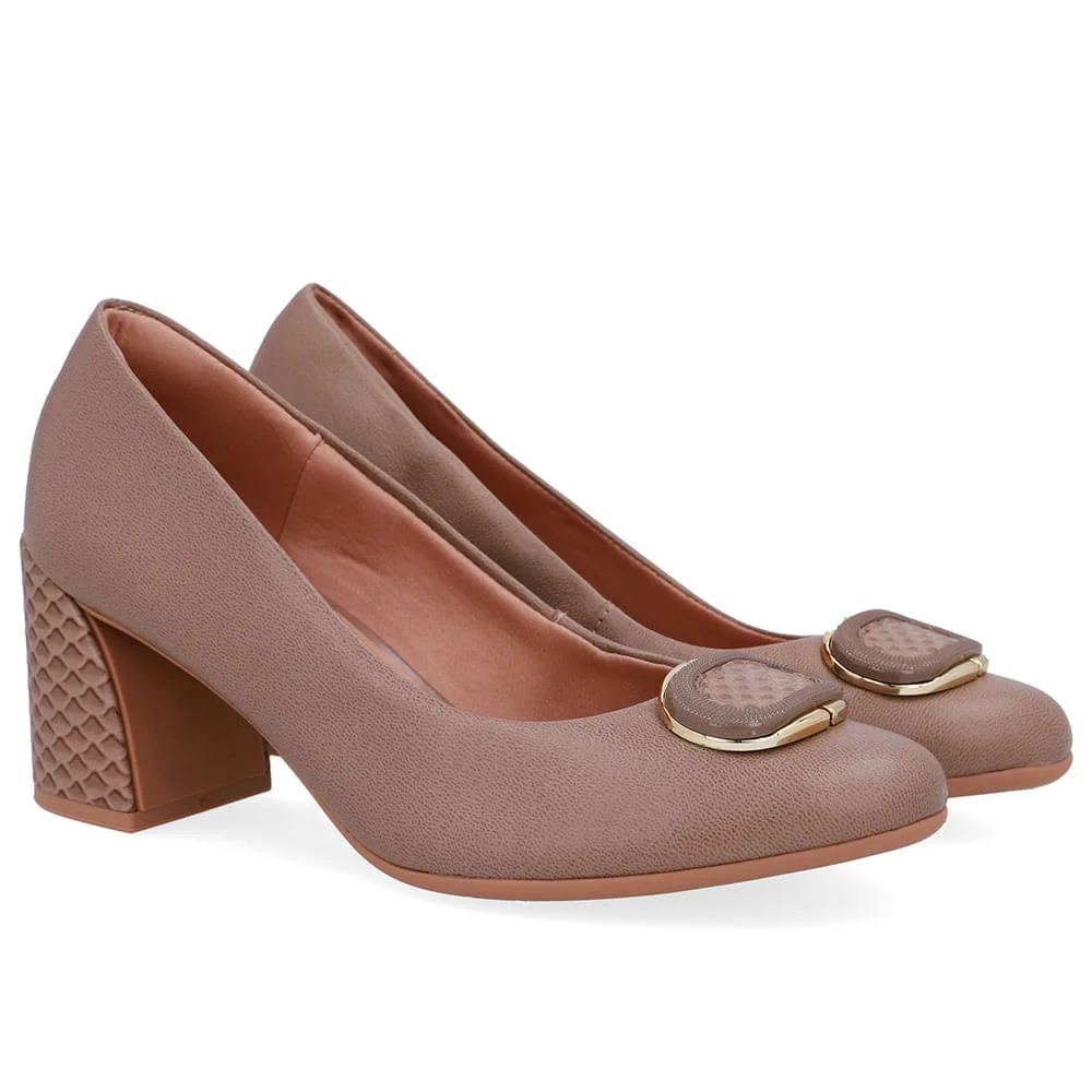 Scarpin Marrom Couro Salto Geométrico Enfeite Marrom 2