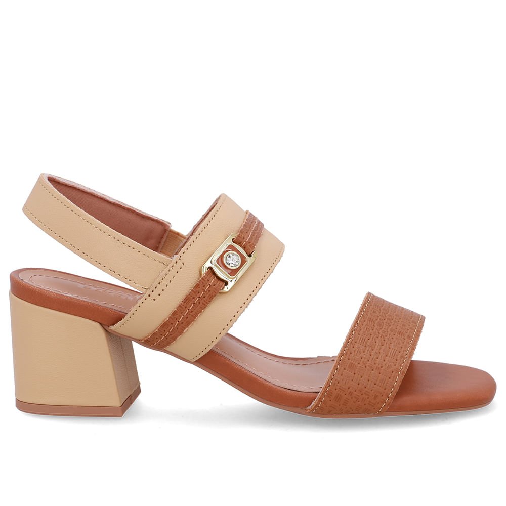 Sandália Couro Salto Bloco Marrom Tira Enfeite