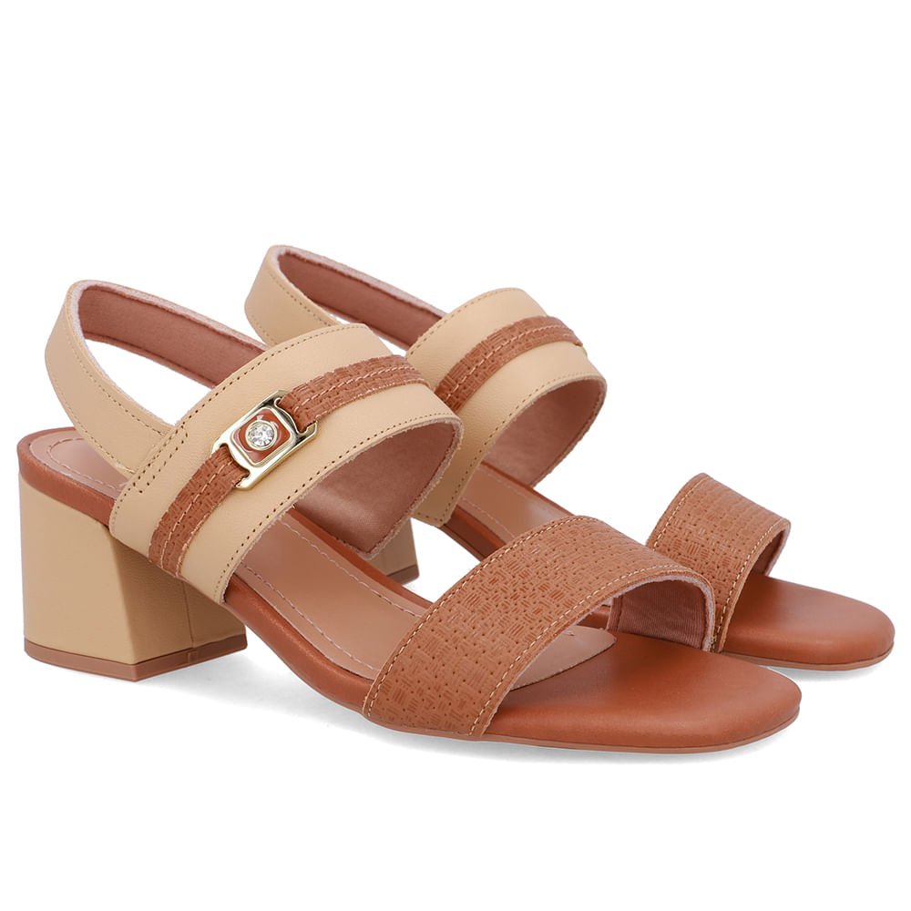 Sandália Couro Salto Bloco Marrom Tira Enfeite Marrom 2