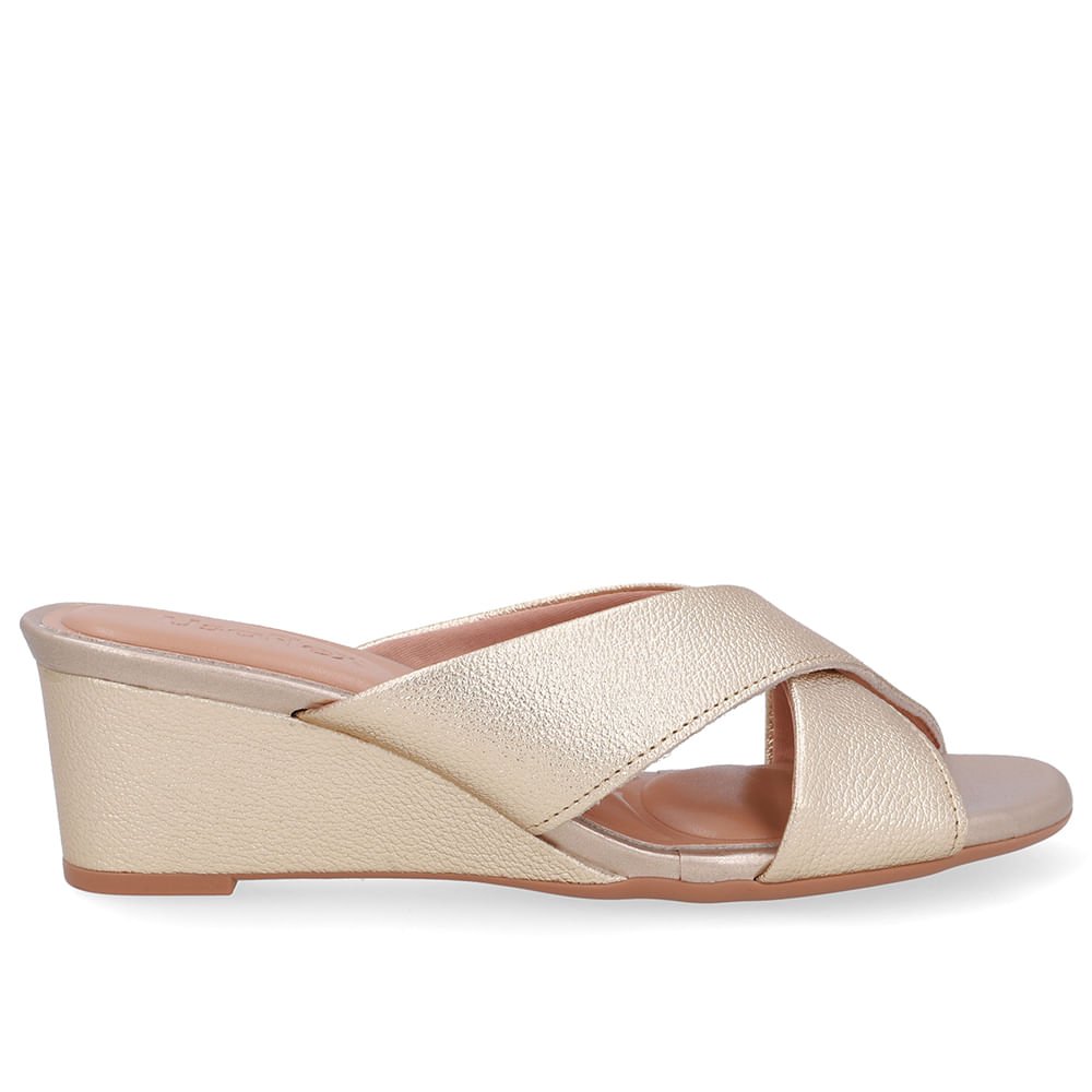 Tamanco Salto Anabela Couro Dourado