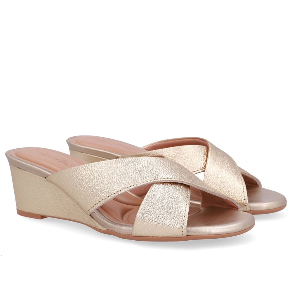 Tamanco Salto Anabela Couro Dourado Dourado 2