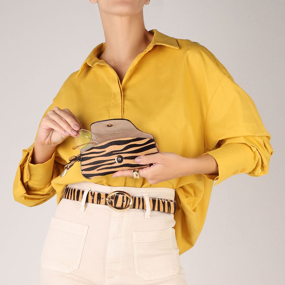 Porta Óculos Couro Pêlo Tigre Bege/Preto 5