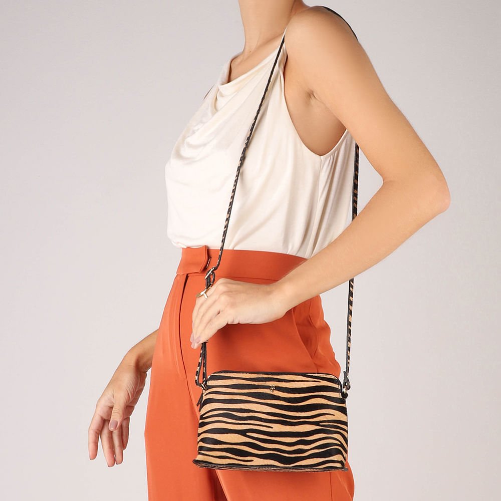 Bolsa Tiracolo Couro Pêlo Tigre Marrom/Preto 5