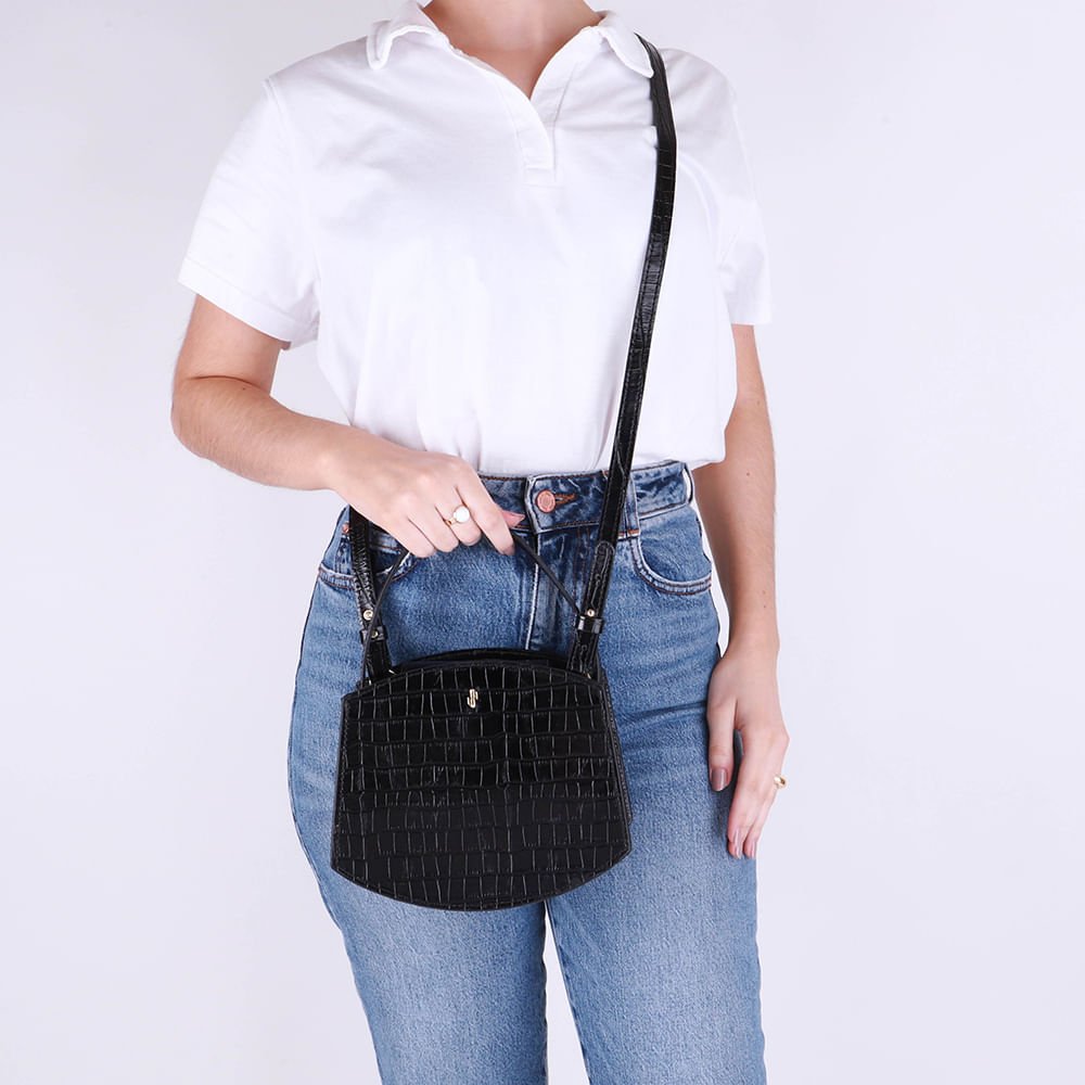 Bolsa Tote Couro Croco Preto Casual Preto 4