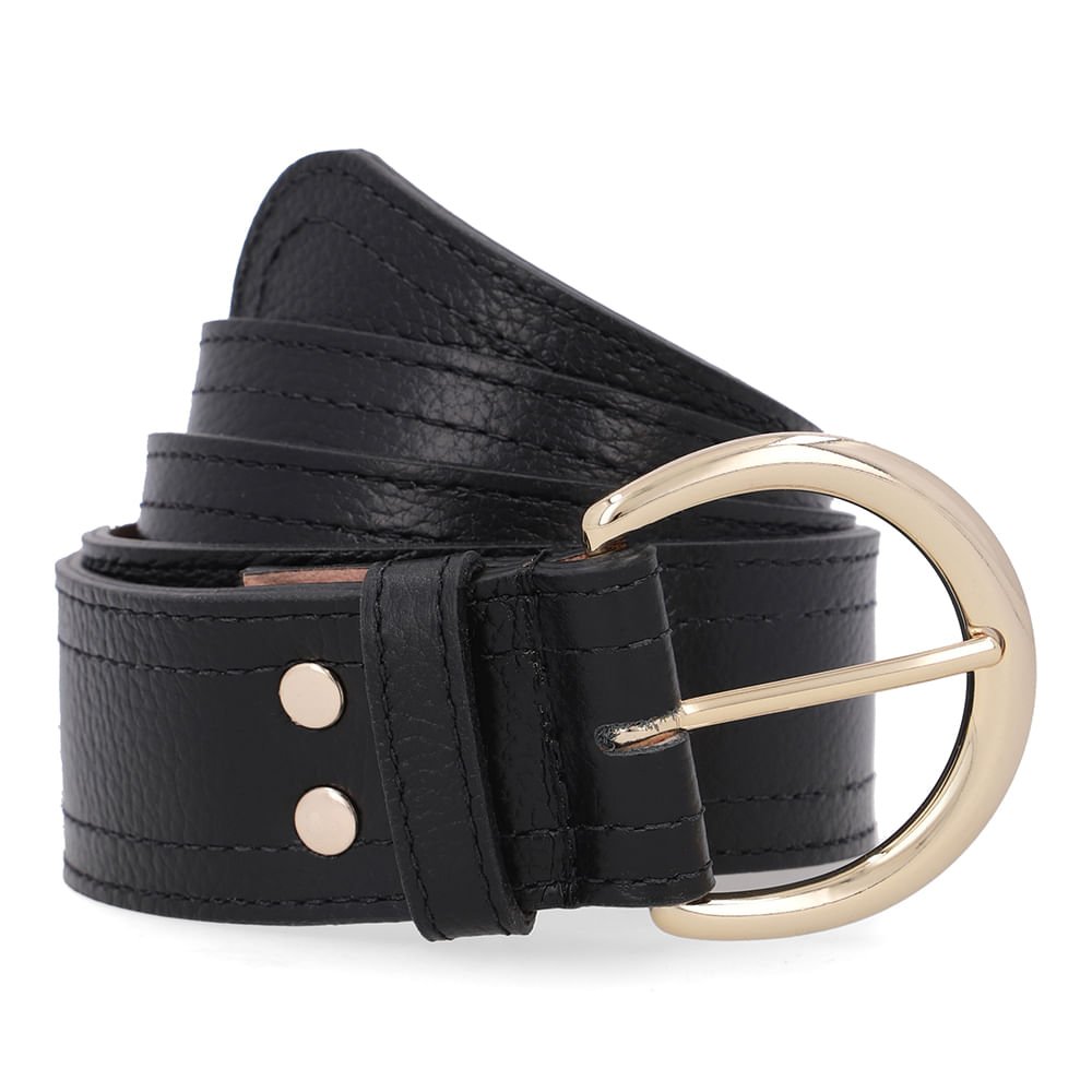 Cinto Couro Preto Costura Enfeite