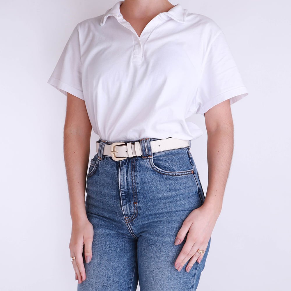 Cinto Couro Branco Marfim Básico Costura Marfim 5