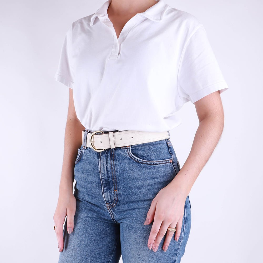 Cinto Couro Branco Marfim Costura Enfeite Marfim 5