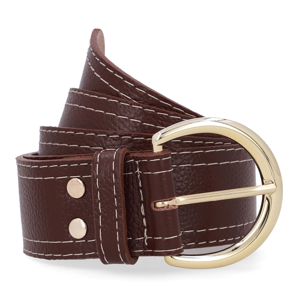 Cinto Couro Marrom Pinhão Costura Enfeite