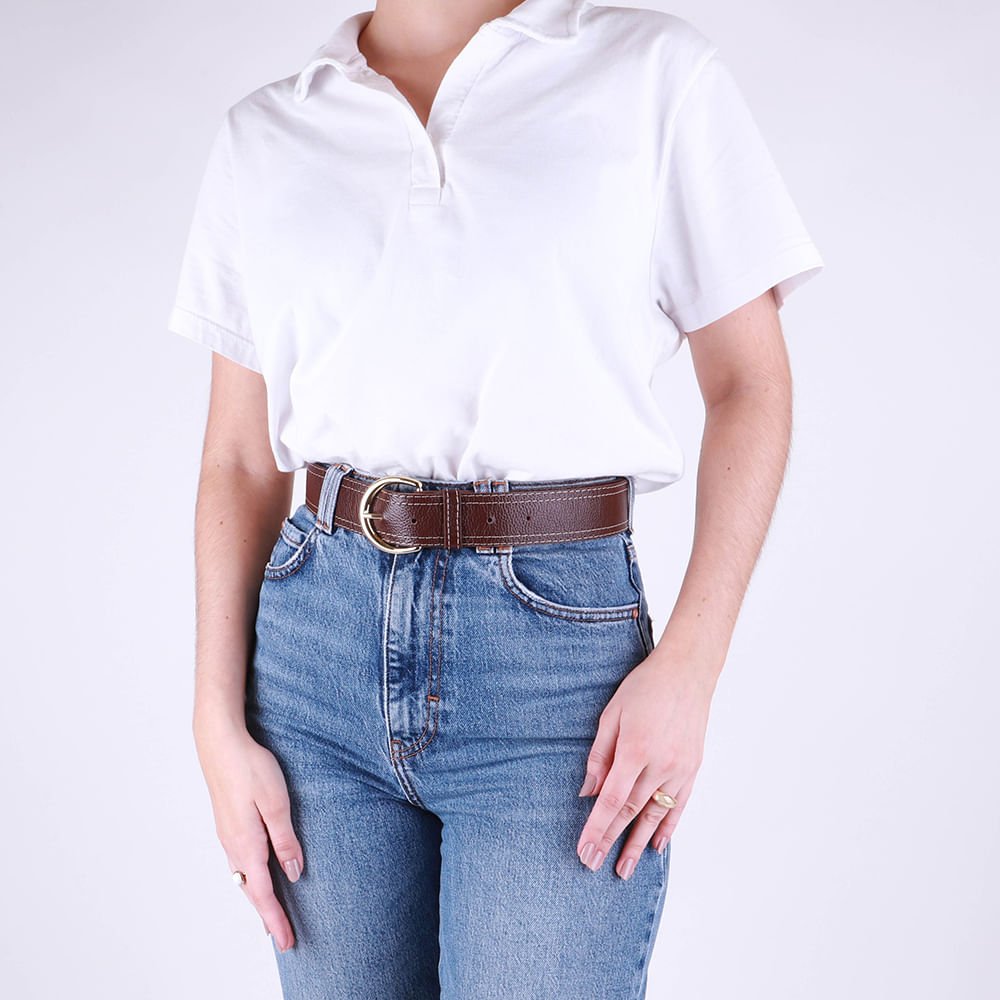 Cinto Couro Marrom Pinhão Costura Enfeite Marrom 5