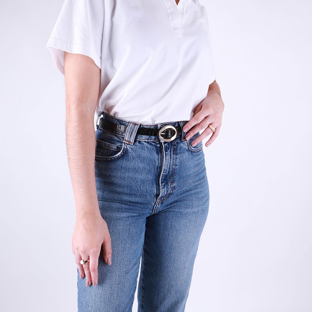 Cinto Couro Croco Preto Fivela Preto 5