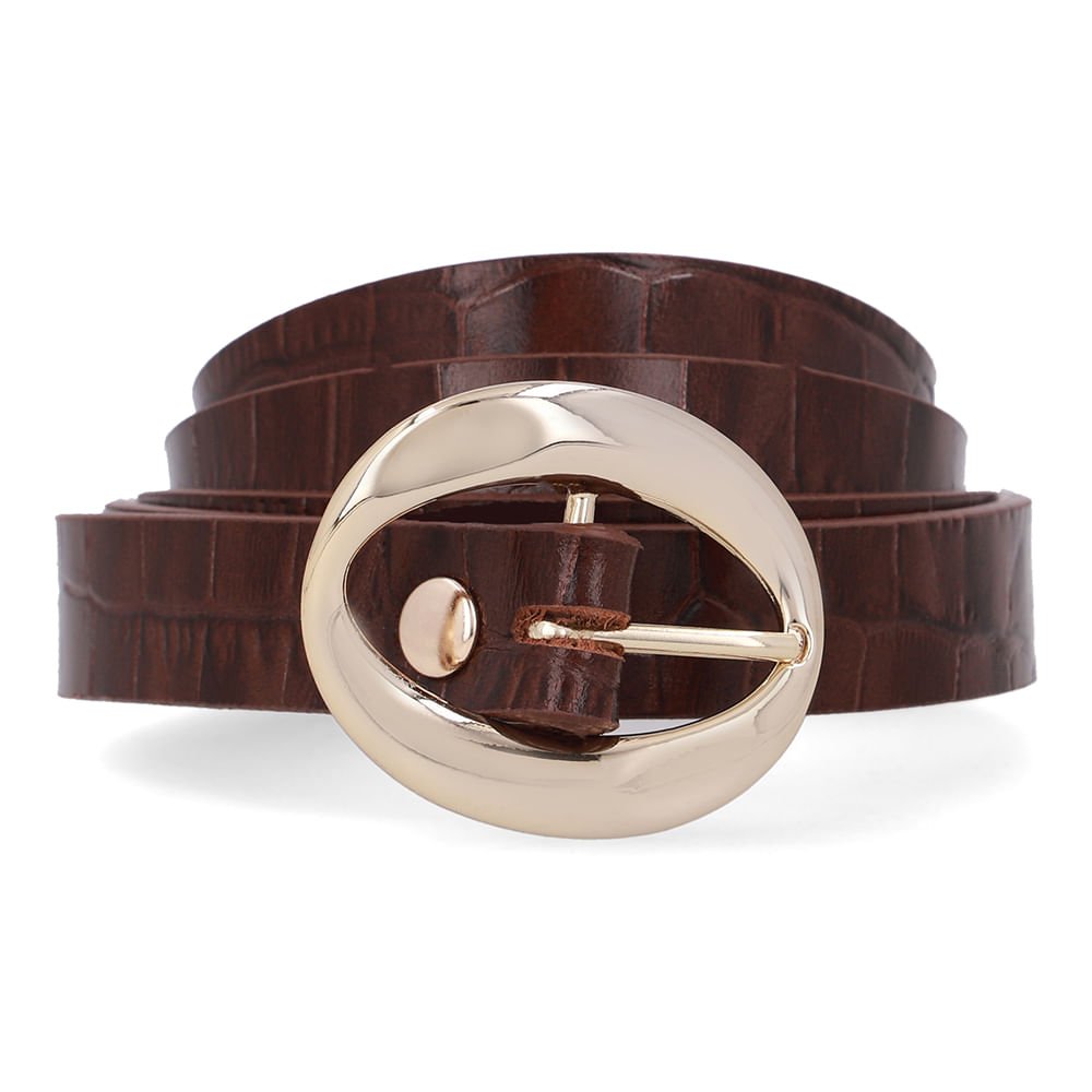 Cinto Couro Croco Marrom Pinhão Fivela Marrom 1