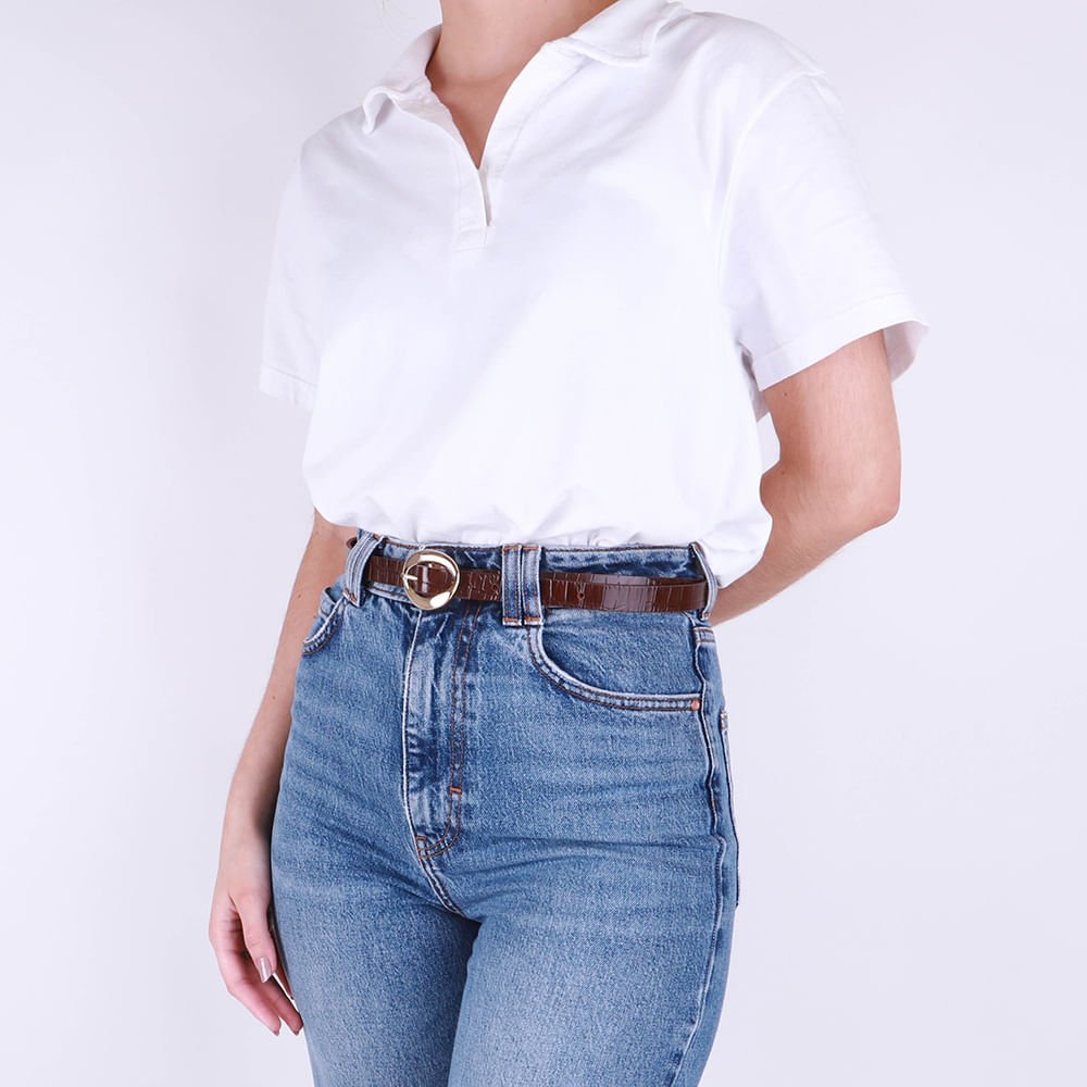 Cinto Couro Croco Marrom Pinhão Fivela Marrom 5