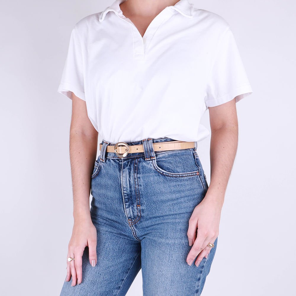 Cinto Couro Croco Creme Fivela Bege 5