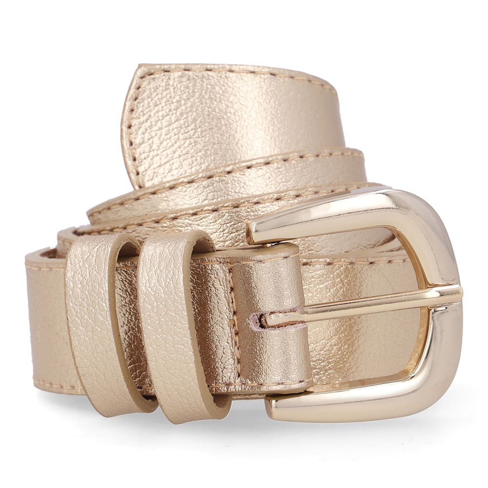 Cinto Couro Metalizado Dourado Básico Costura