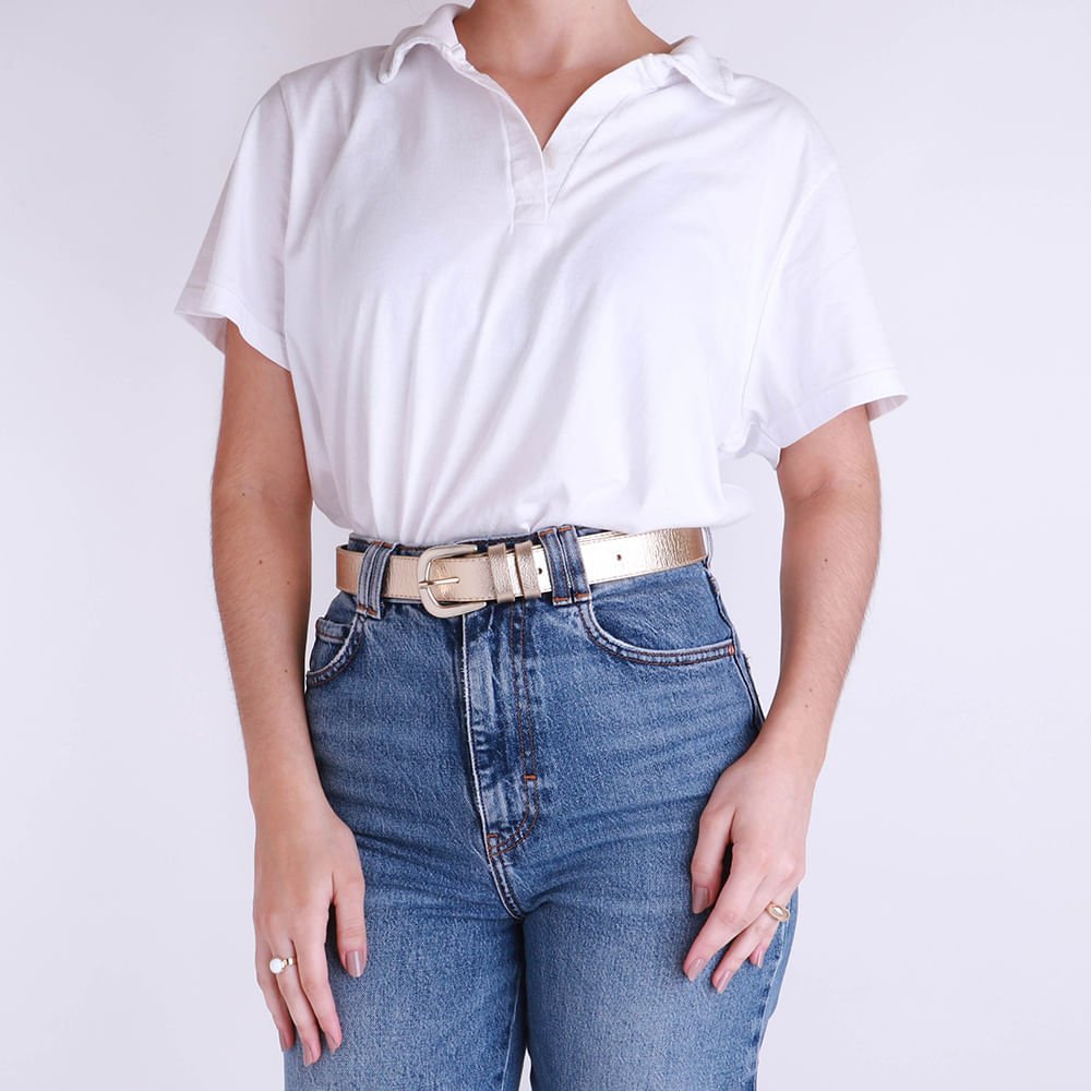 Cinto Couro Metalizado Dourado Básico Costura Dourado 5