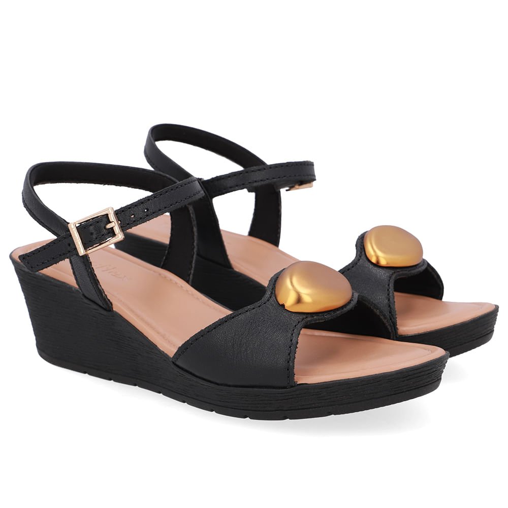Sandália Salto Anabela Couro Preta Preto 2