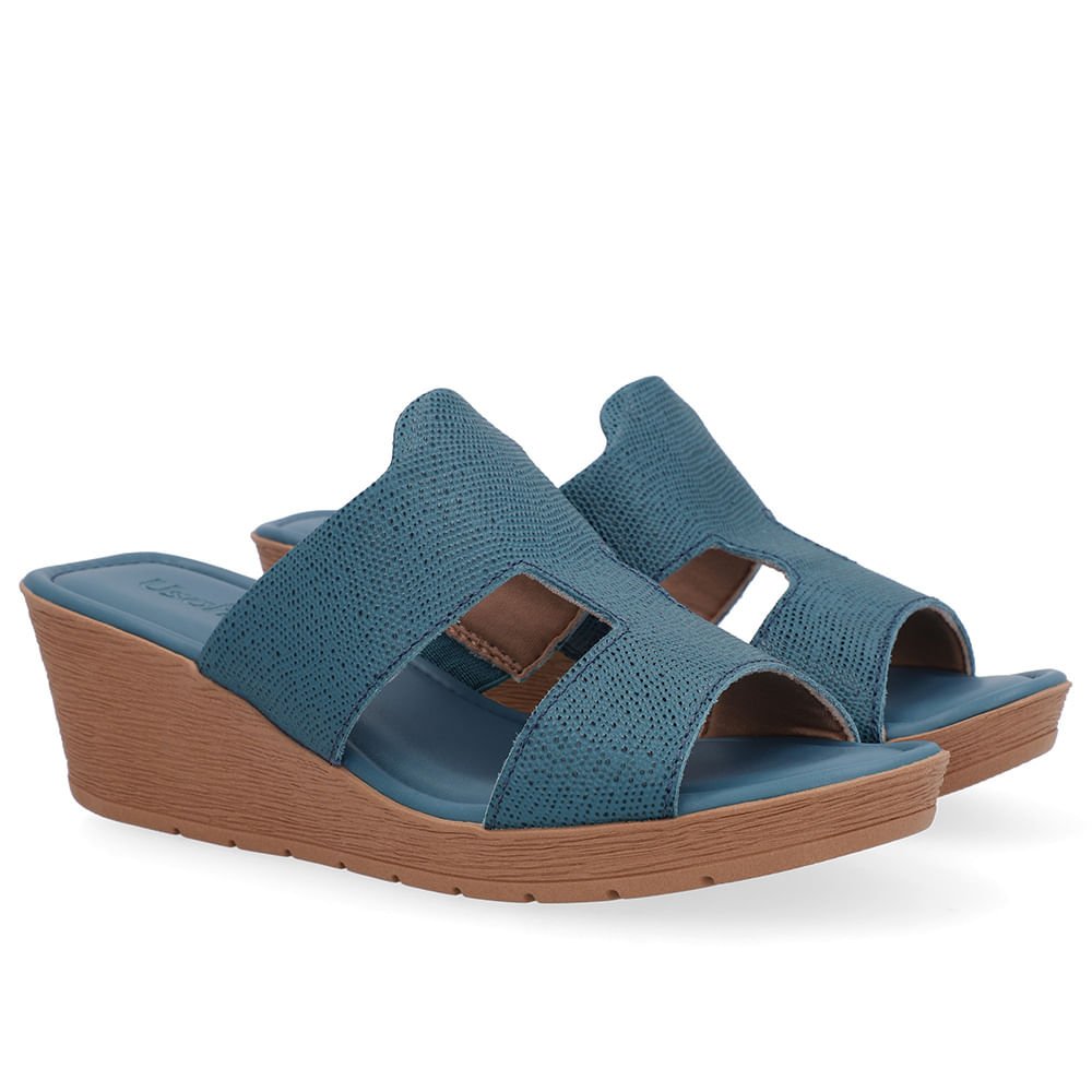 Tamanco Salto Anabela Couro Azul Azul 2