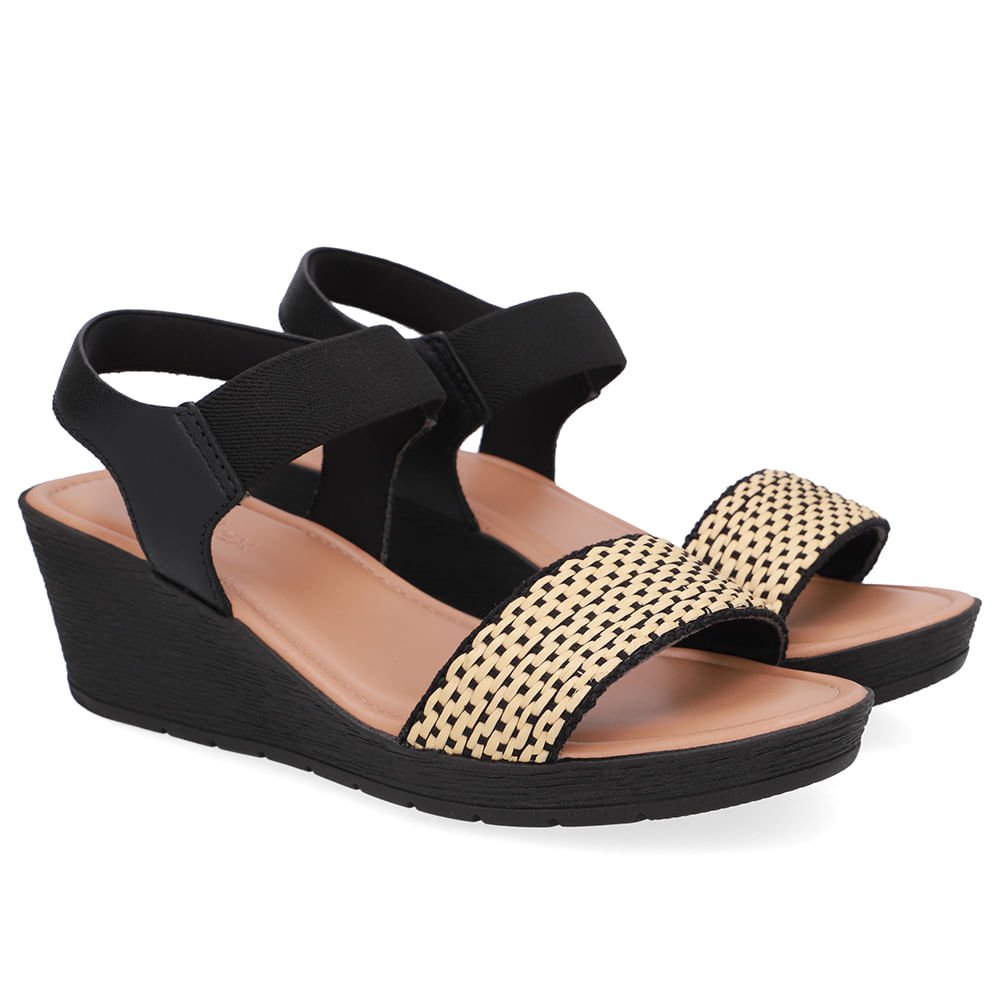 Sandália Salto Anabela Tira Ráfia Couro Preta Preto 2