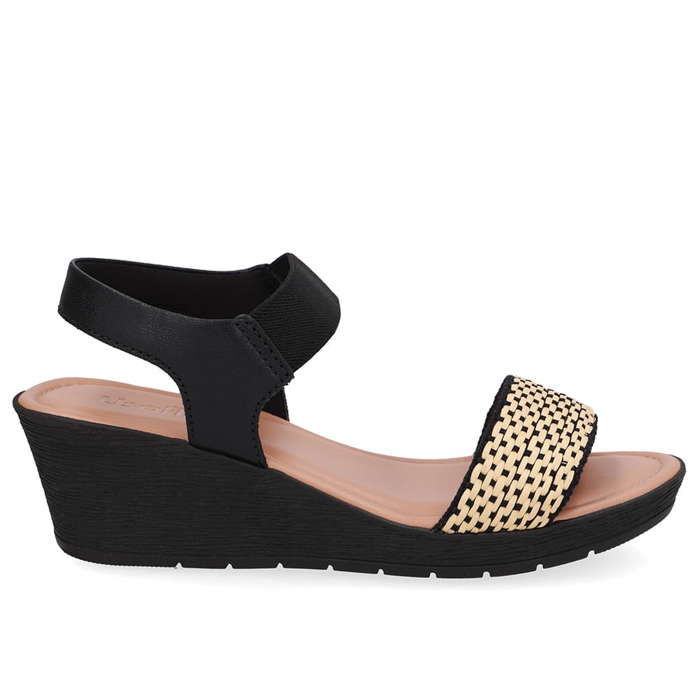 Sandália Salto Anabela Tira Ráfia Couro Preta