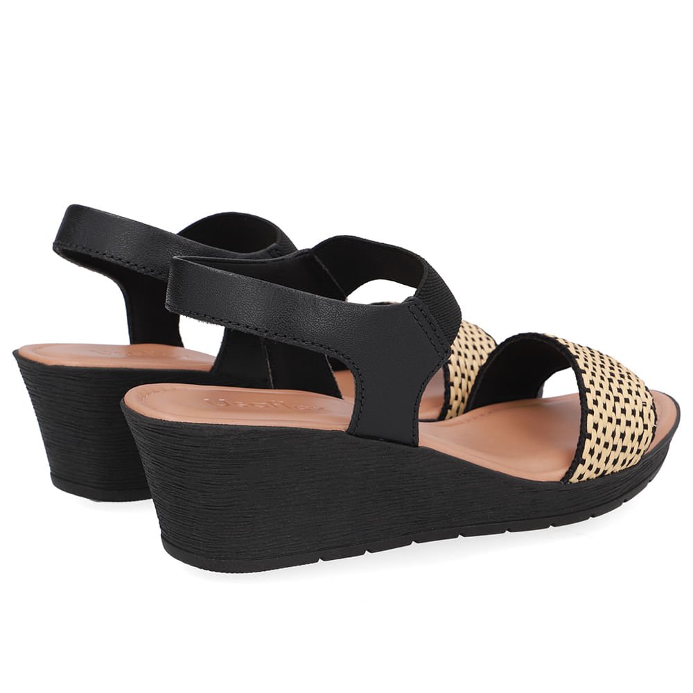 Sandália Salto Anabela Tira Ráfia Couro Preta Preto 3