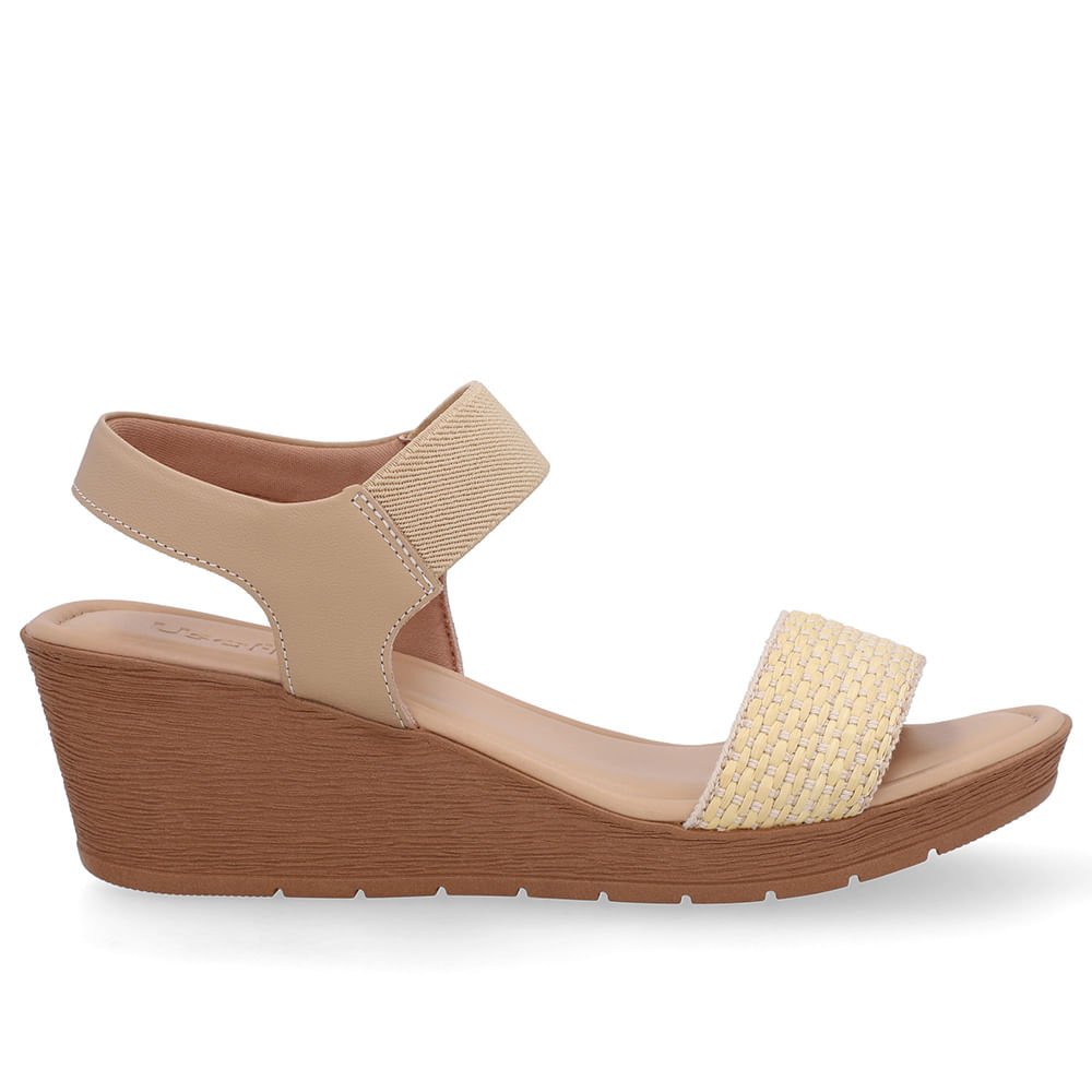 Sandália Salto Anabela Tira Ráfia Couro Bege