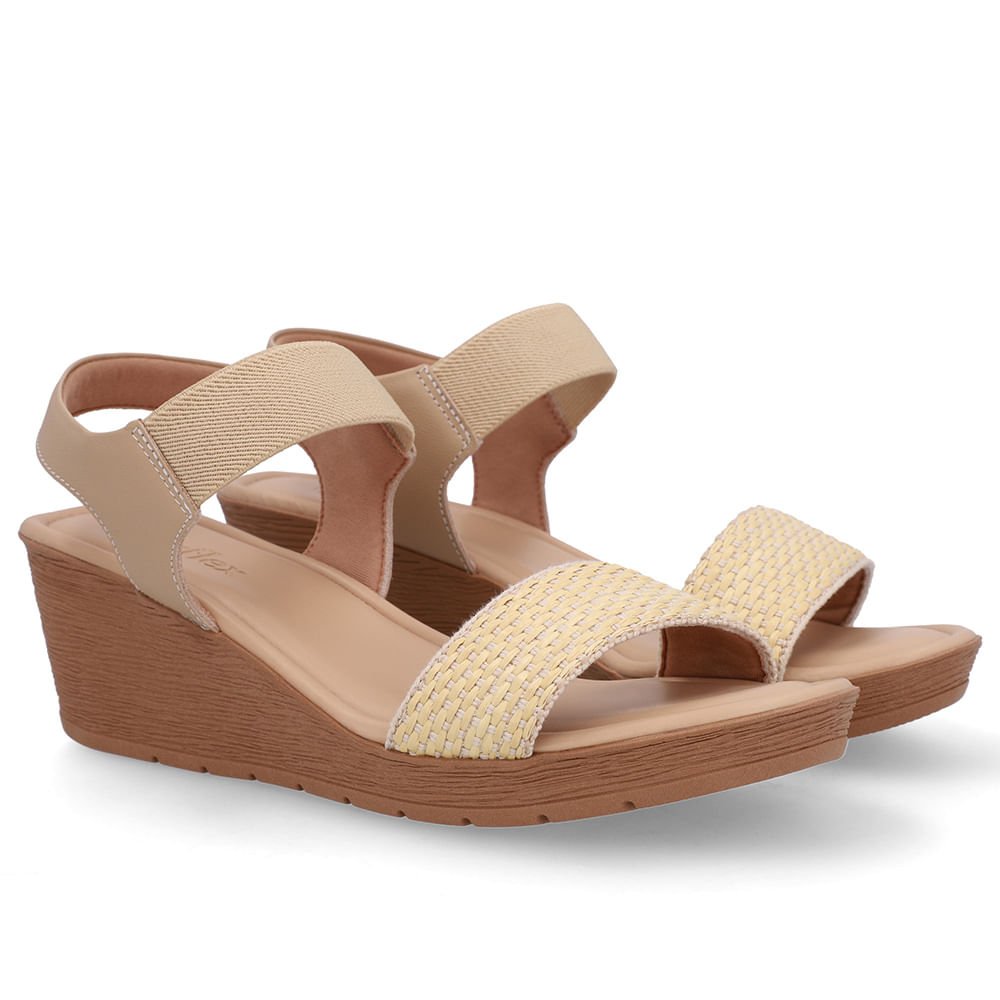 Sandália Salto Anabela Tira Ráfia Couro Bege Bege 2