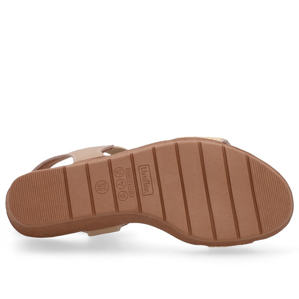 Sandália Salto Anabela Tira Ráfia Couro Bege Bege 5