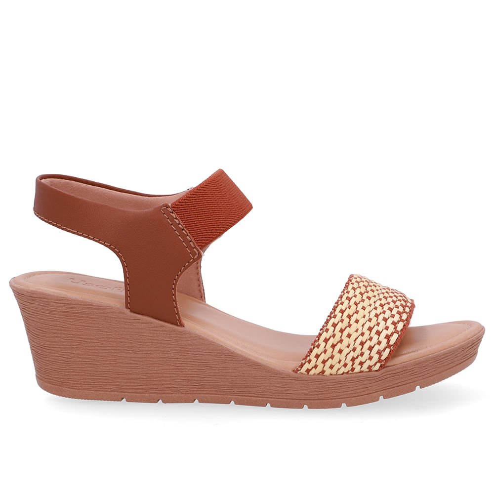 Sandália Salto Anabela Tira Ráfia Couro Marrom