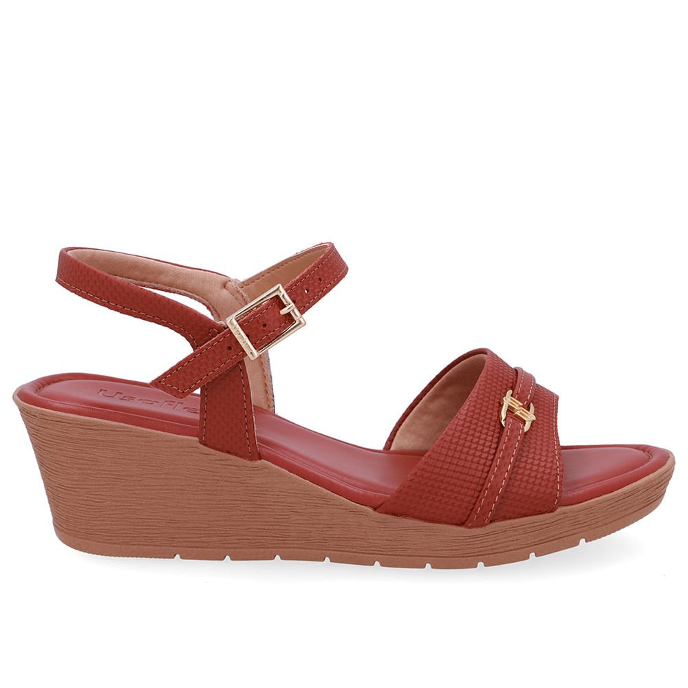 Sandália Salto Anabela Tira Couro Marrom Enfeite