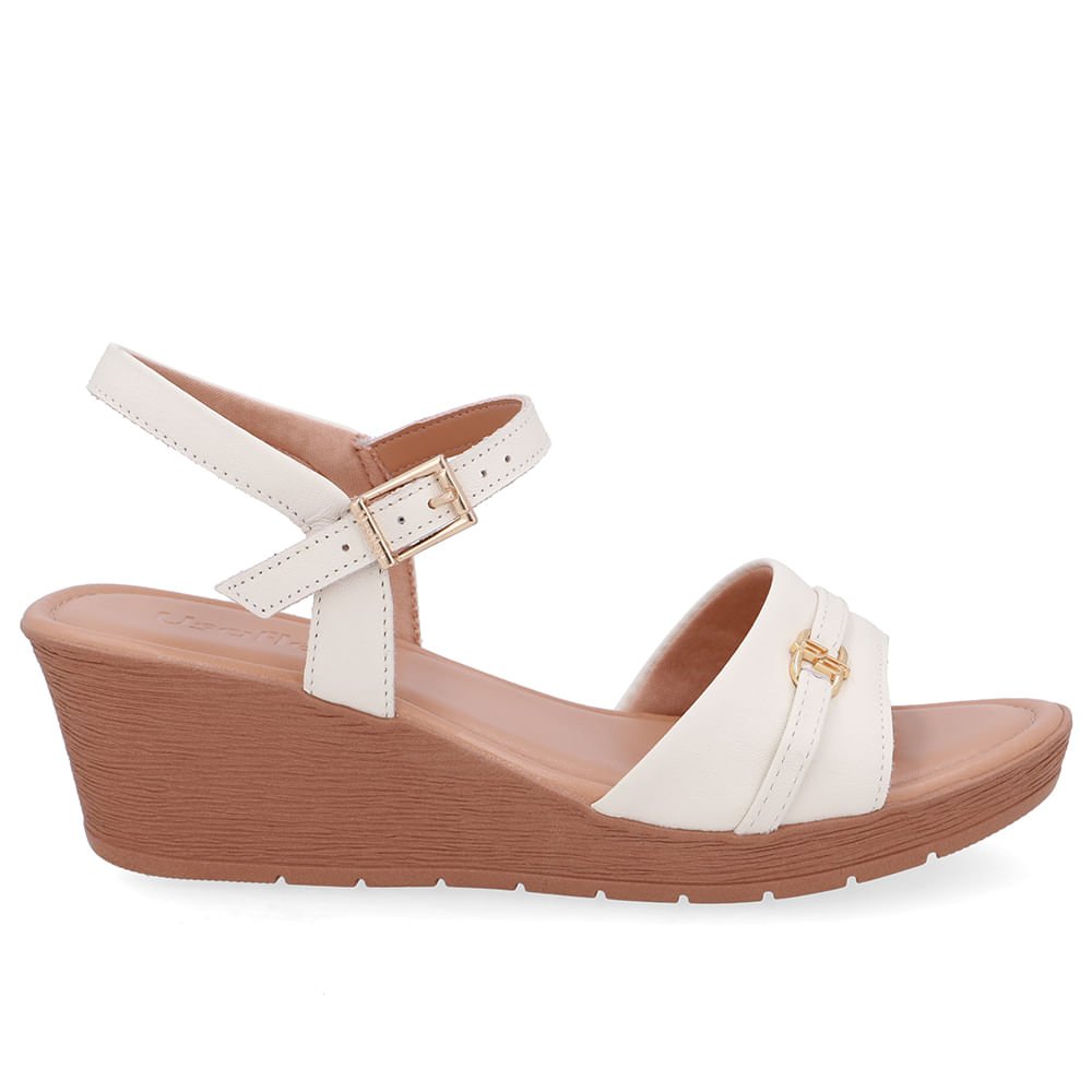 Sandália Salto Anabela Tira Couro Branca Marfim Enfeite