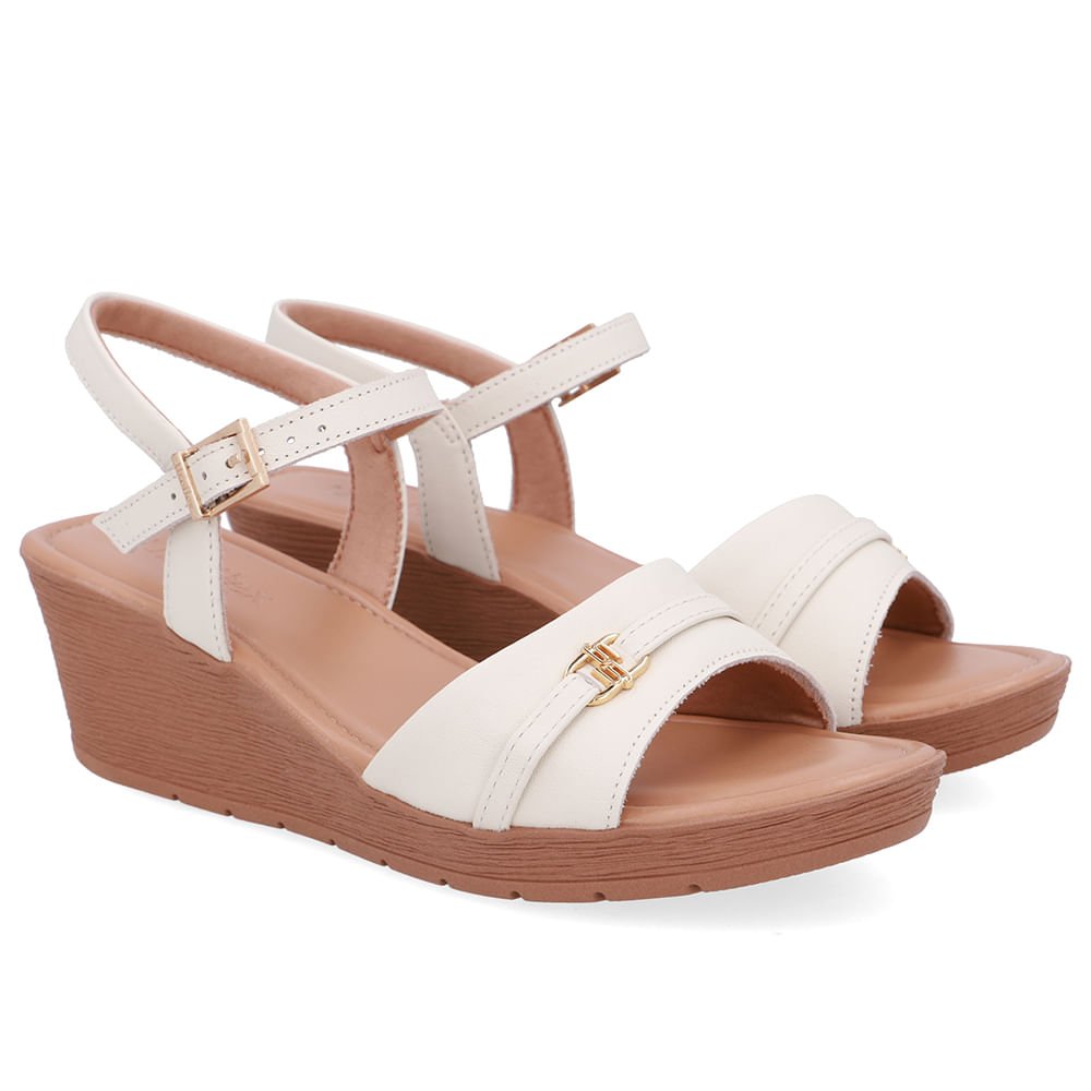 Sandália Salto Anabela Tira Couro Branca Marfim Enfeite Marfim 2