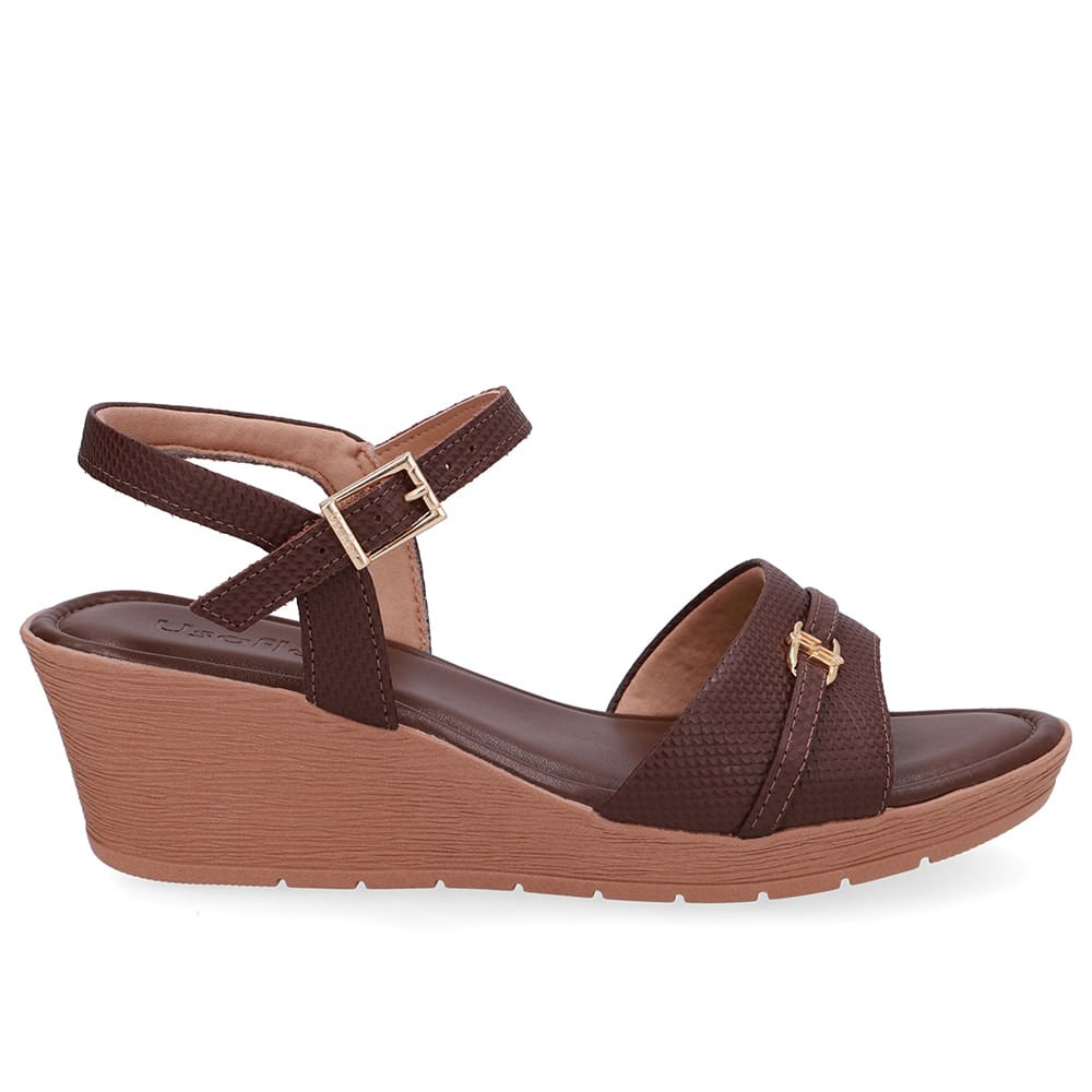 Sandália Salto Anabela Tira Couro Marrom Enfeite